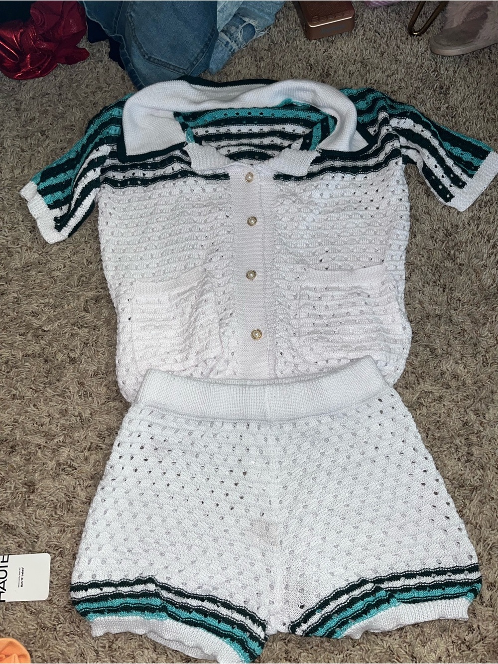 White Knit Two-Piece Set with Teal & Black Stripe Trim